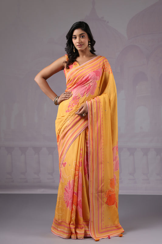 Sunshine Yellow Floral printed Saree