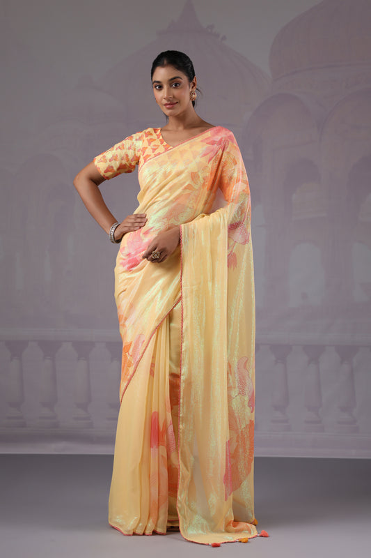 Lemon Yellow Floral Saree
