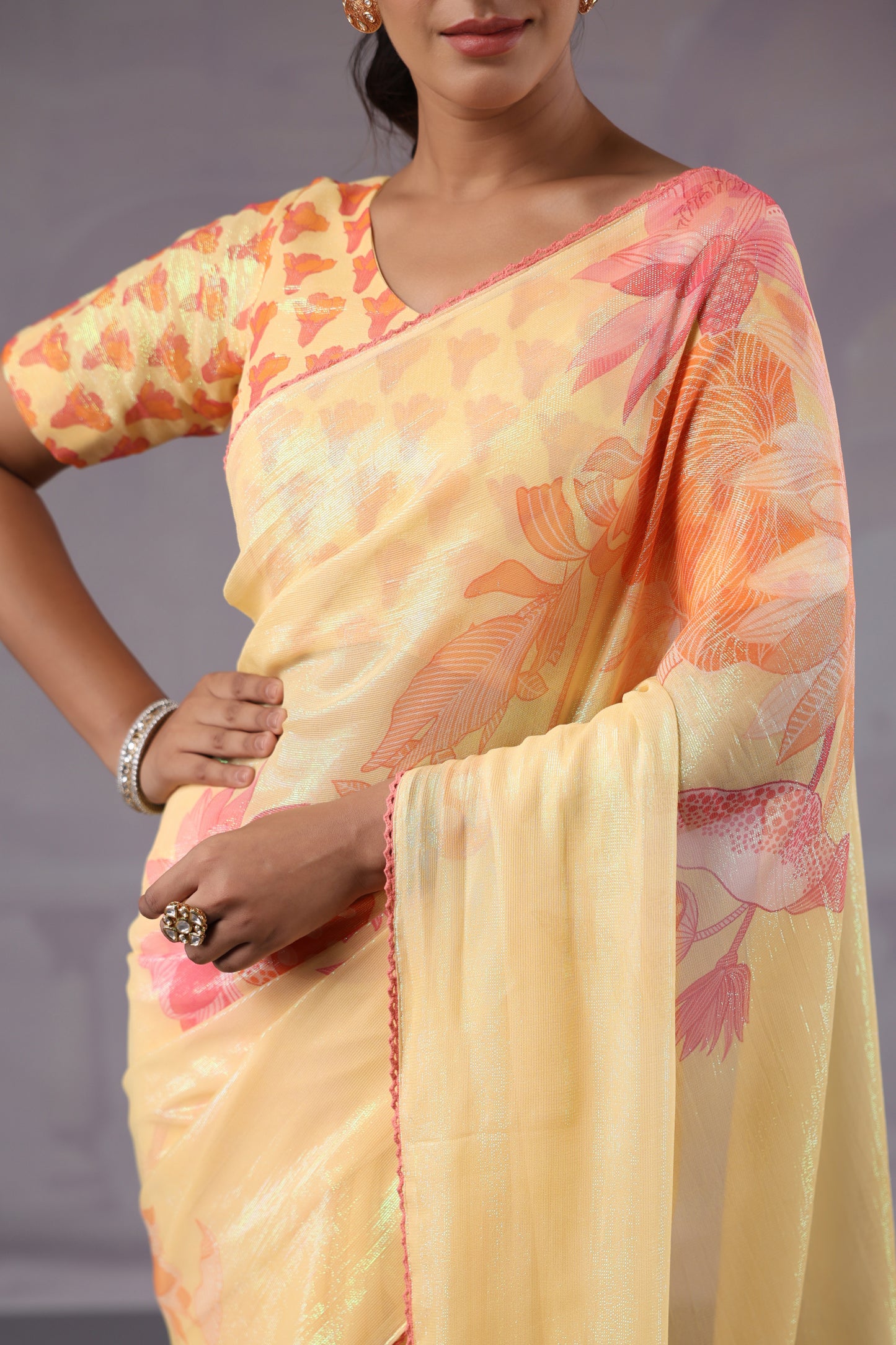 Lemon Yellow Floral Saree