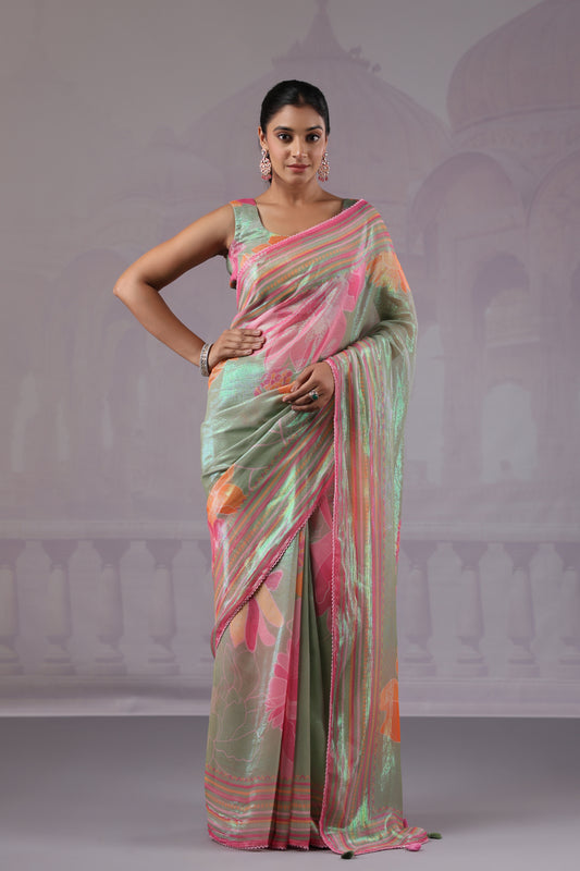 Sage Green Floral Saree