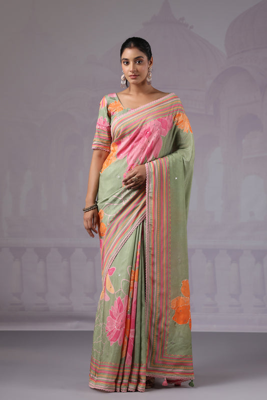 Sage Green Floral Muslin Silk Saree