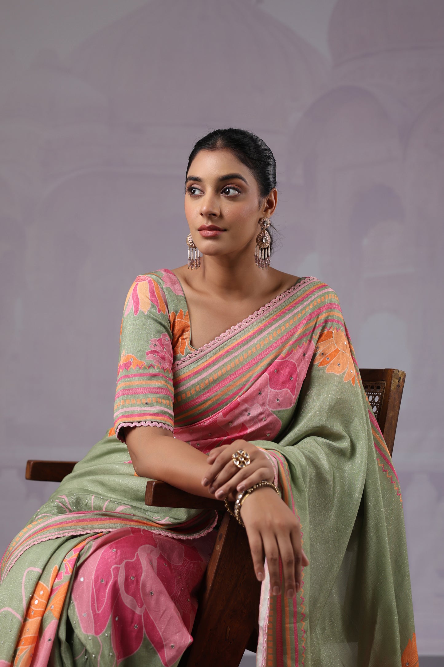 Sage Green Floral Muslin Silk Saree