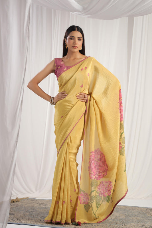 Lemon Yellow Floral printed Saree