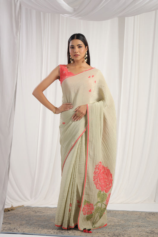 Pastel Olive Green Floral printed Saree