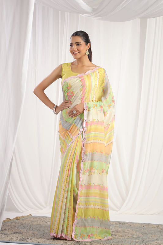 Multicolour Lime Green & cream printed saree