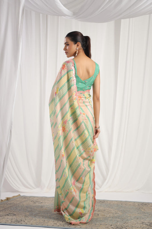 Multicolour green & cream printed saree