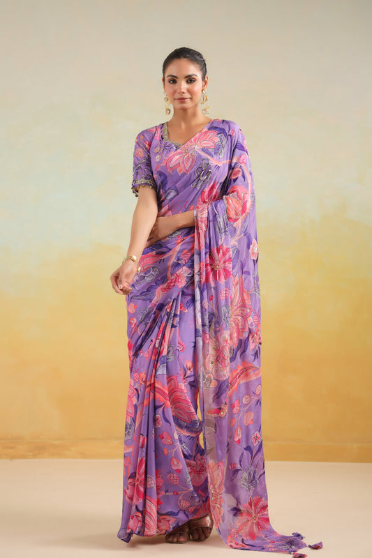 Lilac Floral printed Saree