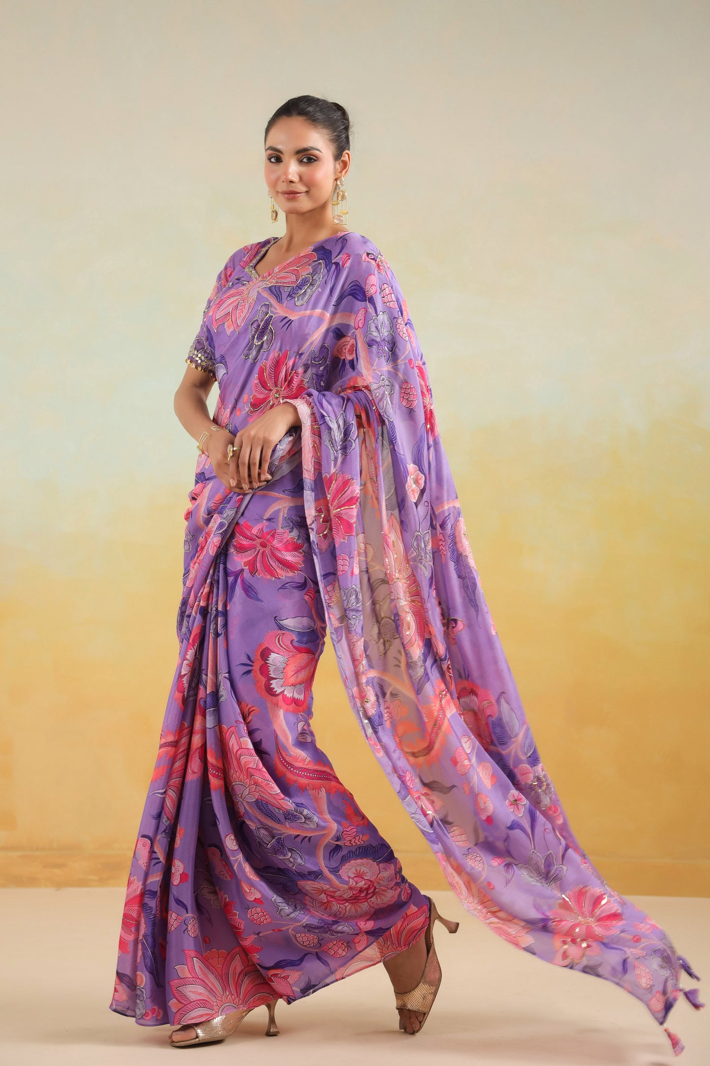 Lilac Floral printed Saree