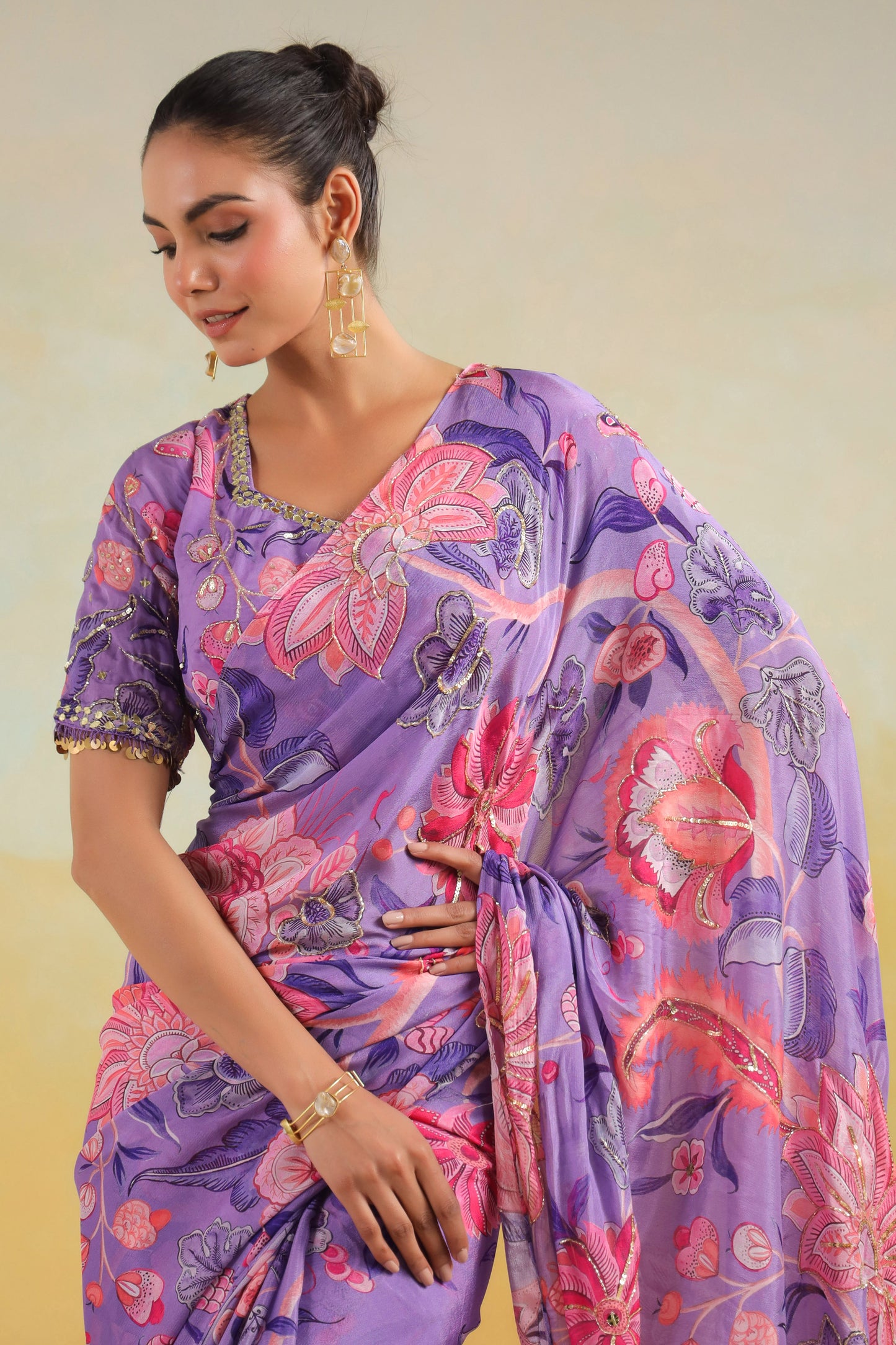 Lilac Floral printed Saree
