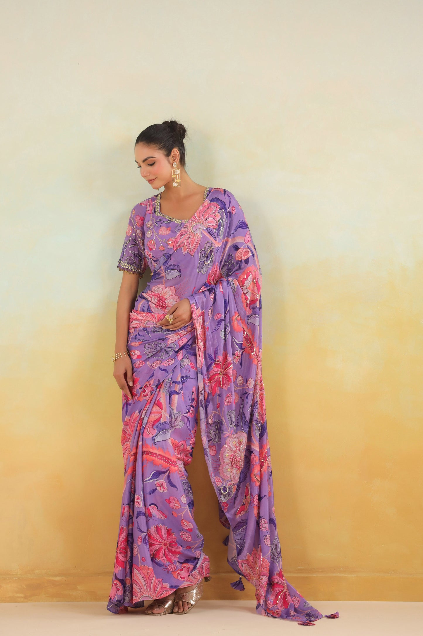 Lilac Floral printed Saree
