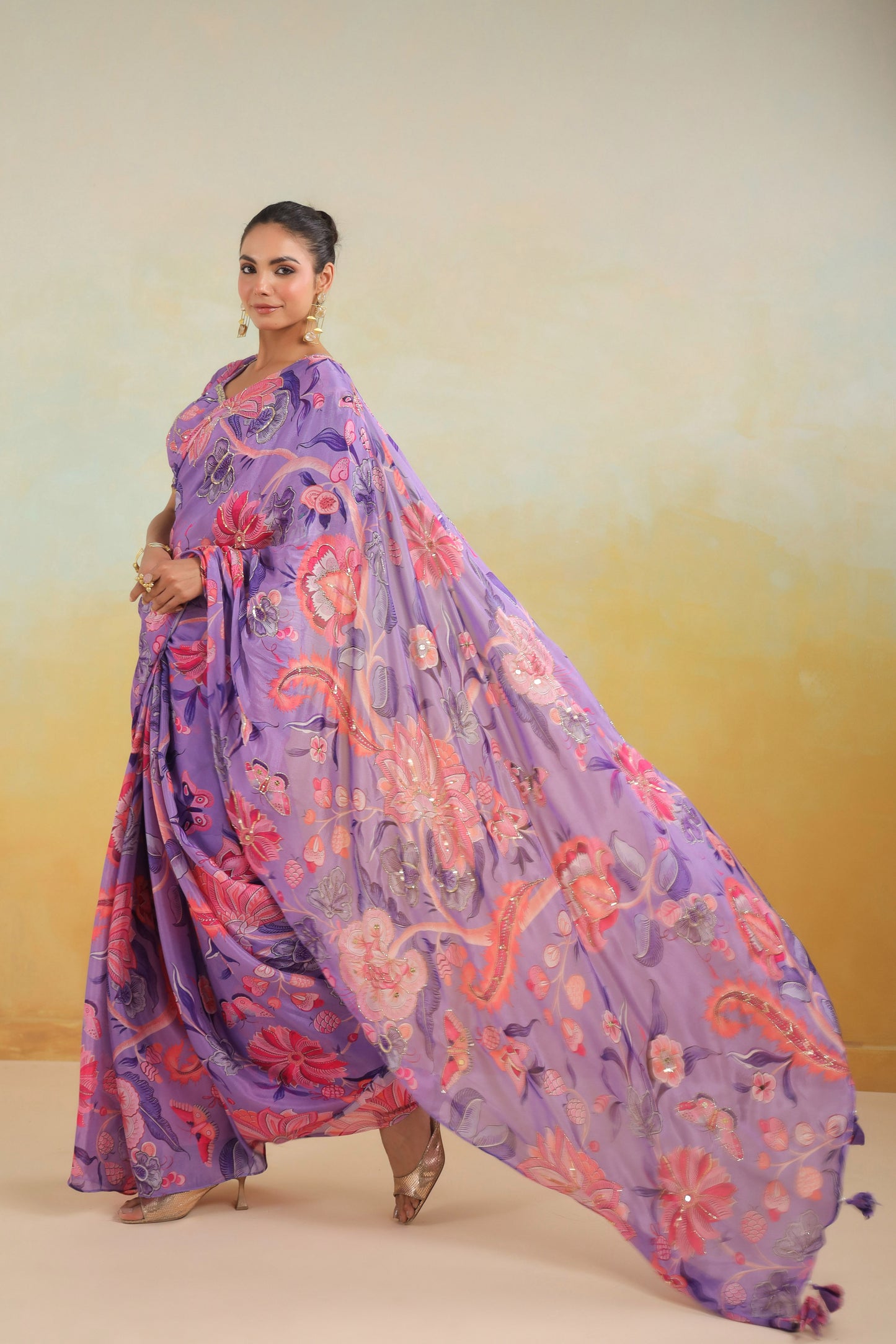 Lilac Floral printed Saree