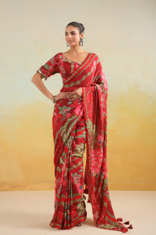 Scarlet Red Floral printed Saree