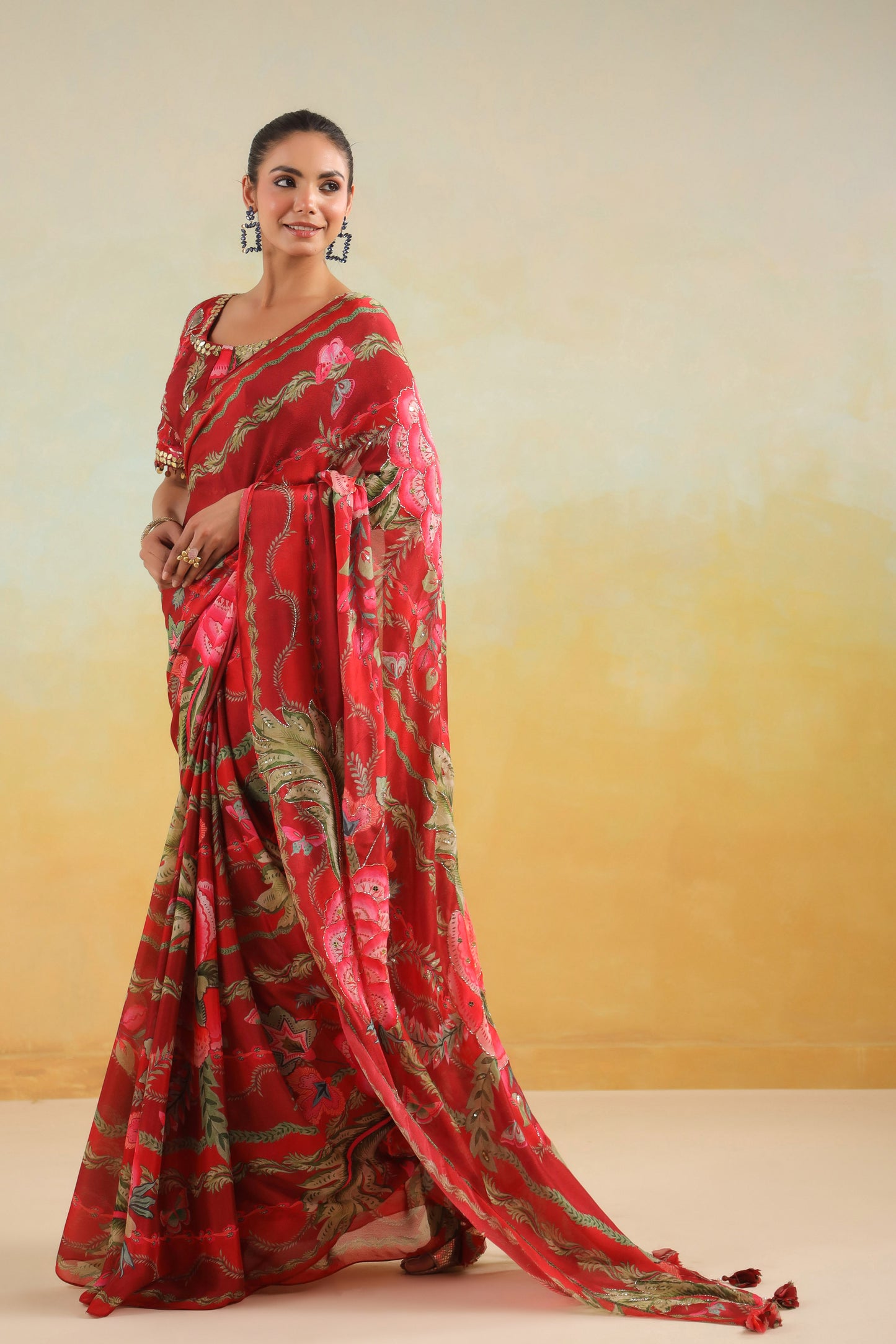 Scarlet Red Floral printed Saree