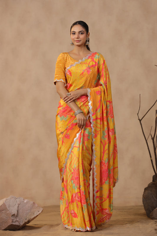 Amber Yellow Floral Printed Saree