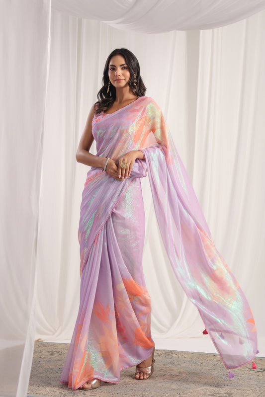 Lilac Floral printed Saree