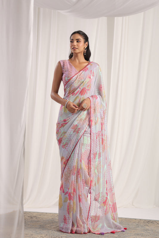 Pale Lavender Floral printed Saree