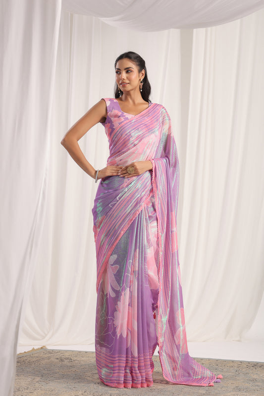 Lavender Floral printed Saree