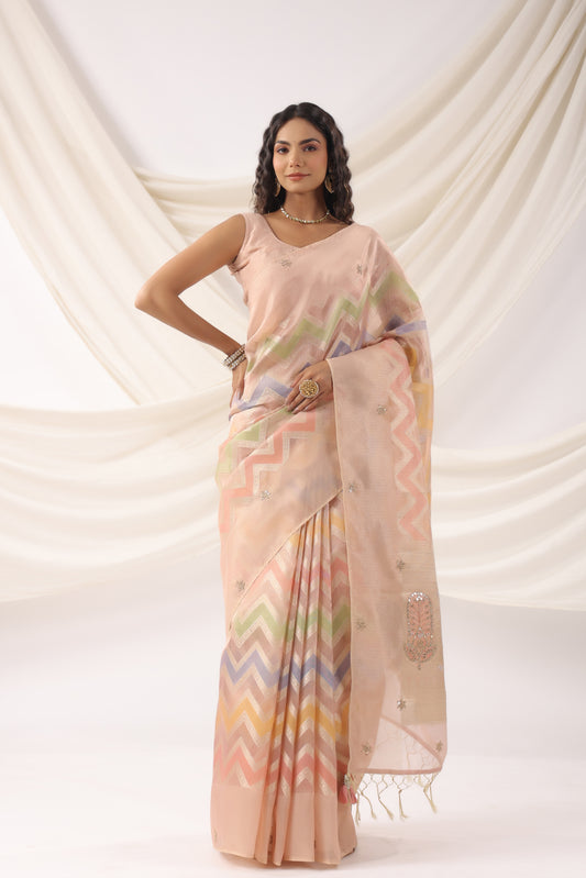 Coral Peach Zari Saree