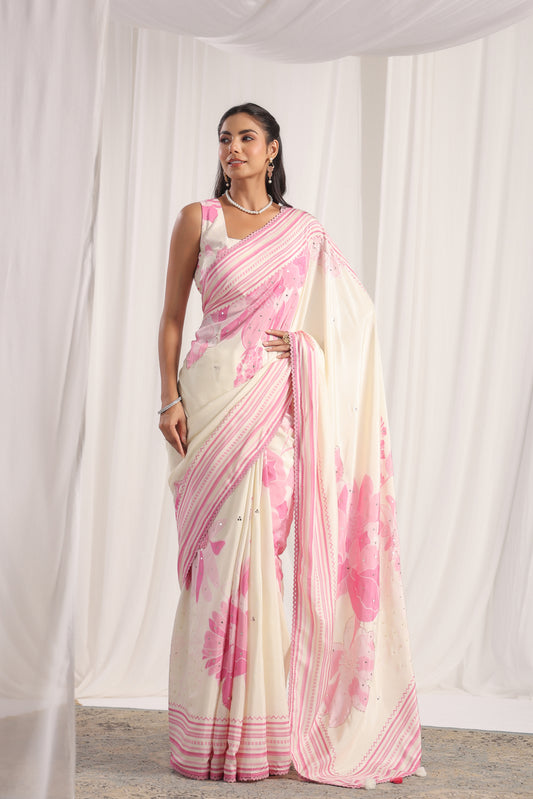 White Blossom Floral printed Saree