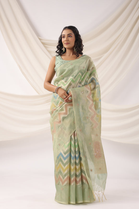 Mint Green multicolour Zari Saree