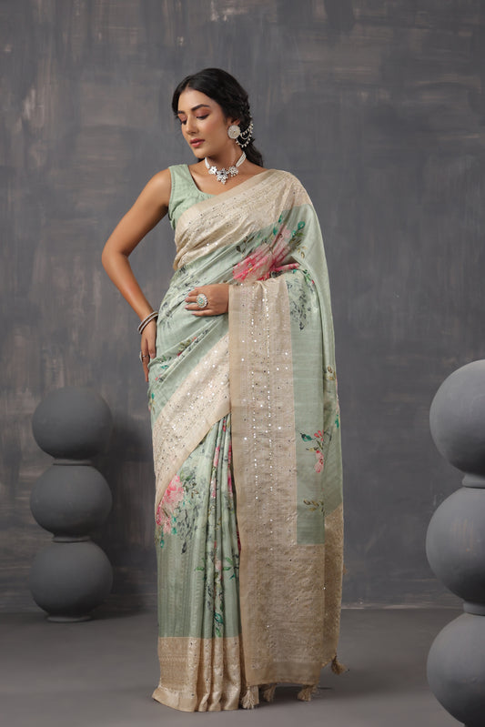 Pastel Green Tussar Silk Saree
